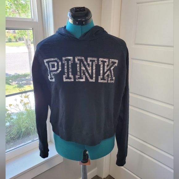 PINK VICTORIA'S SECRET BLACK LIGHTWEIGHT CROPPED HOODIE SWEATSHIRT WOMEN XS - Picture 1 of 13